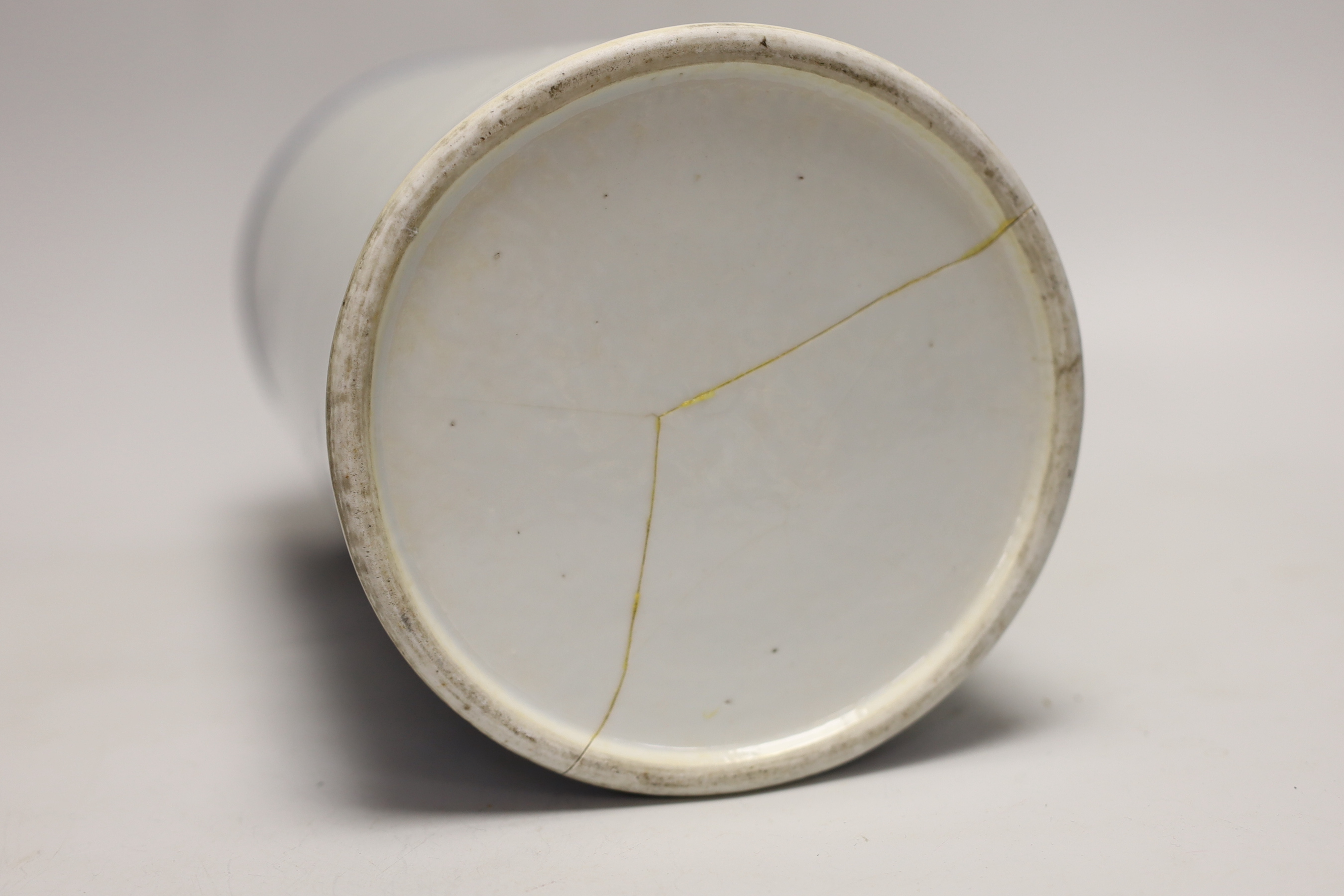 A 19th century Chinese blue and white cylinder vase, 32cm (a.f.)